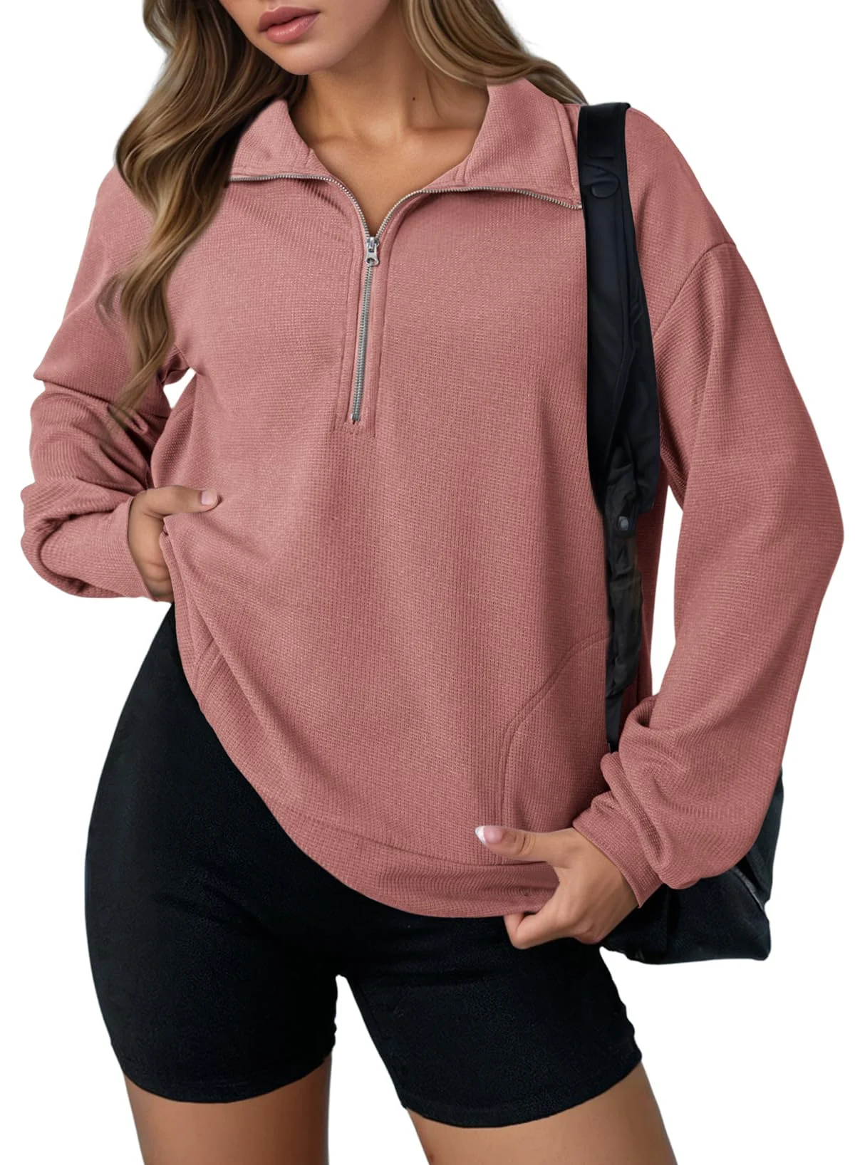 Casual Waffle Knit Sweatshirt with Half-Zip