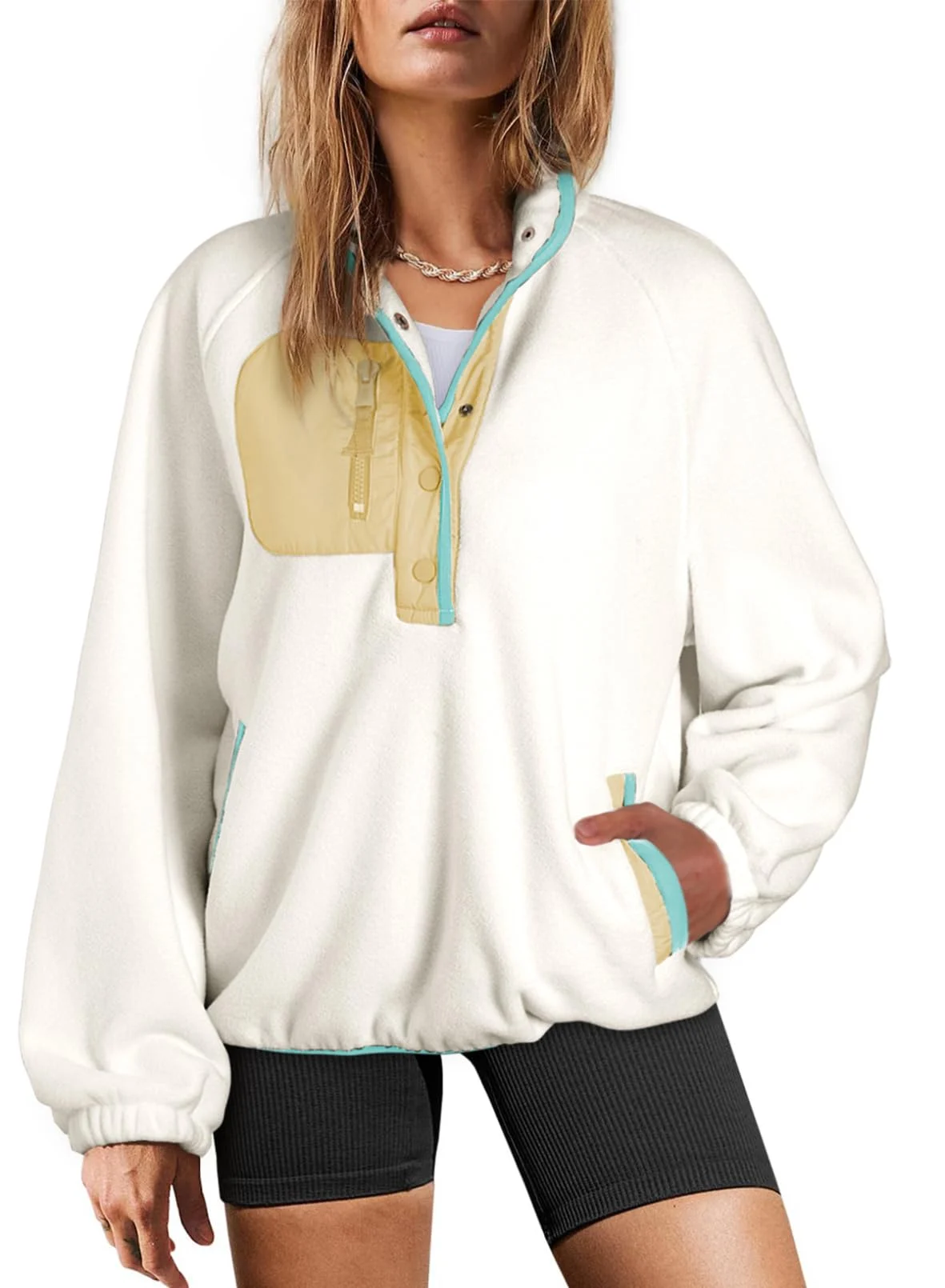 Color Block Fleece Sweatshirt with Snap Placket