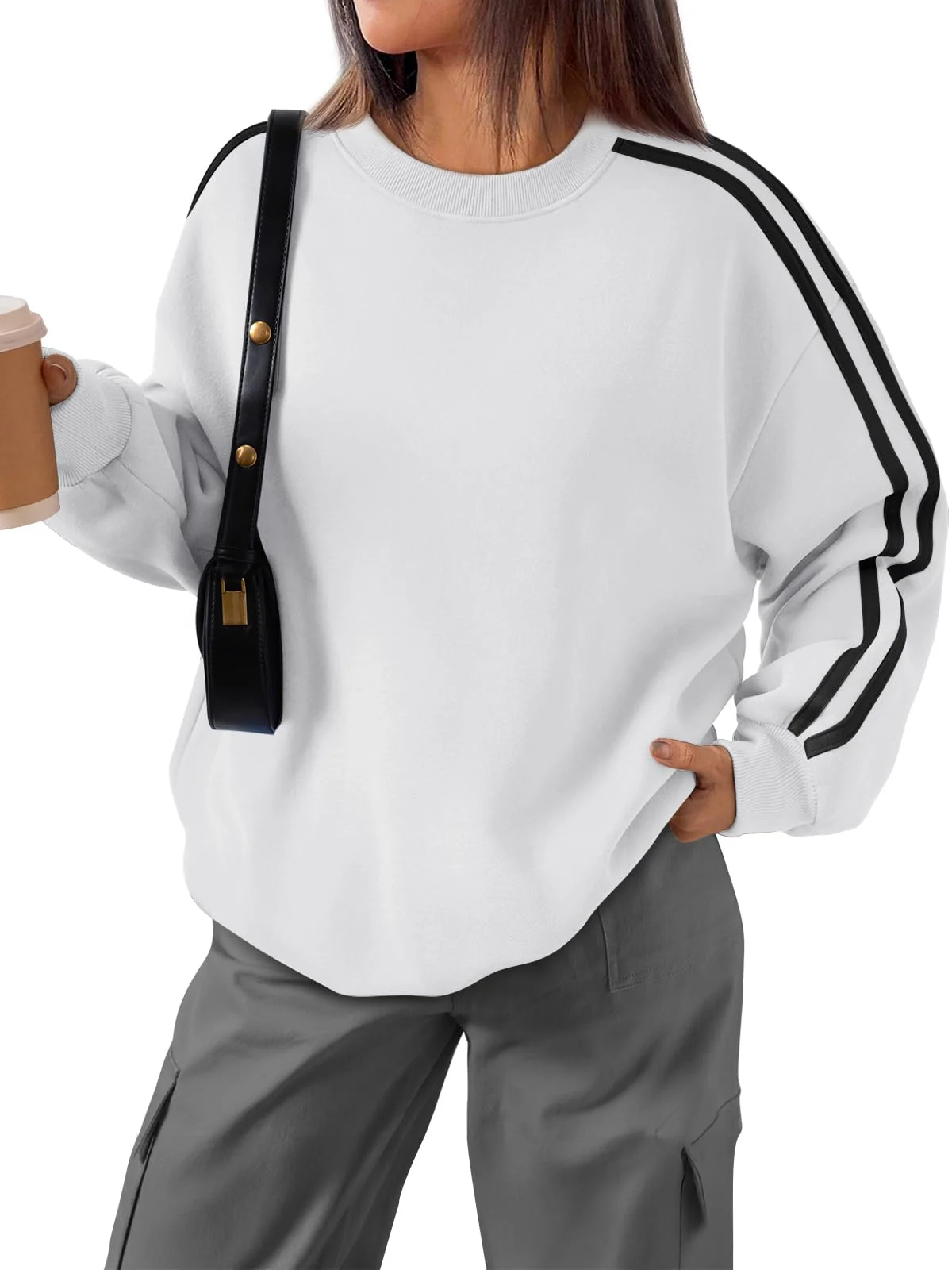 Oversized Crewneck Sweatshirt with Striped Sleeves