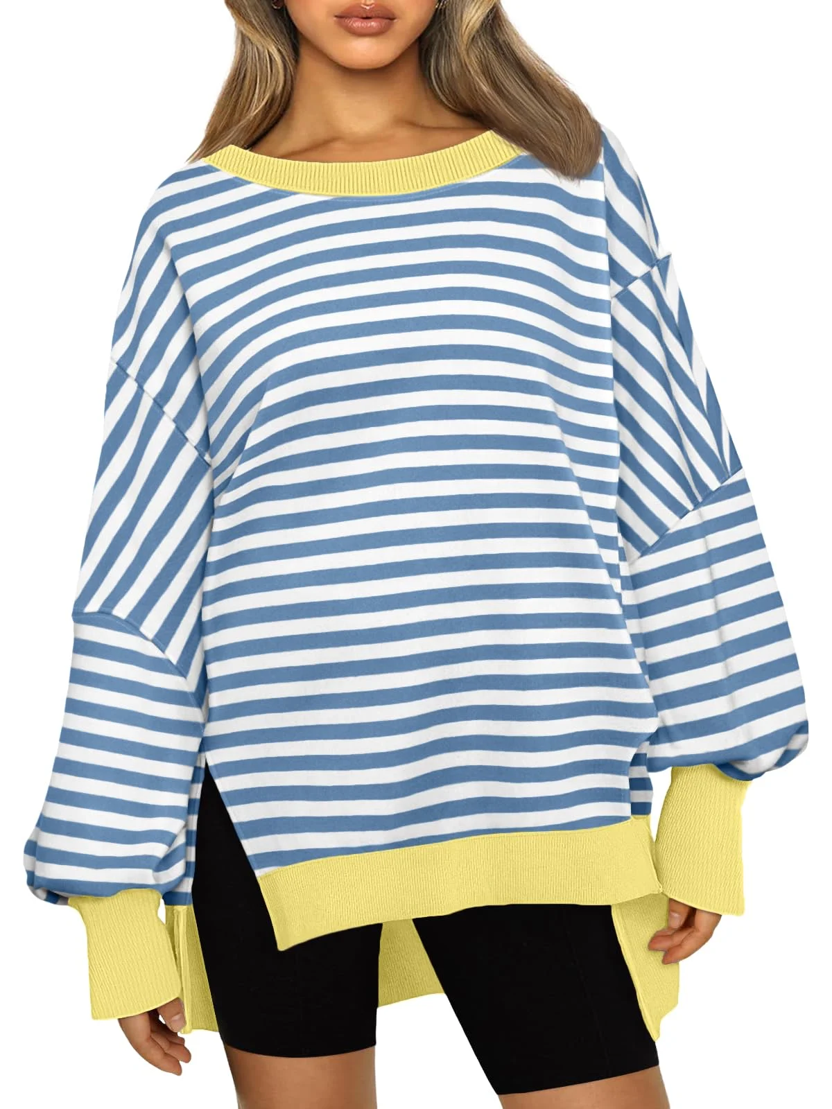 Oversized Striped Sweatshirt with Puffy Sleeves