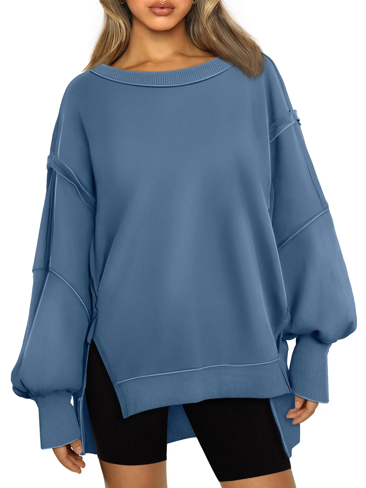 Womens Oversized Sweatshirts Crewneck Shirts Winter Clothes - Greyblue