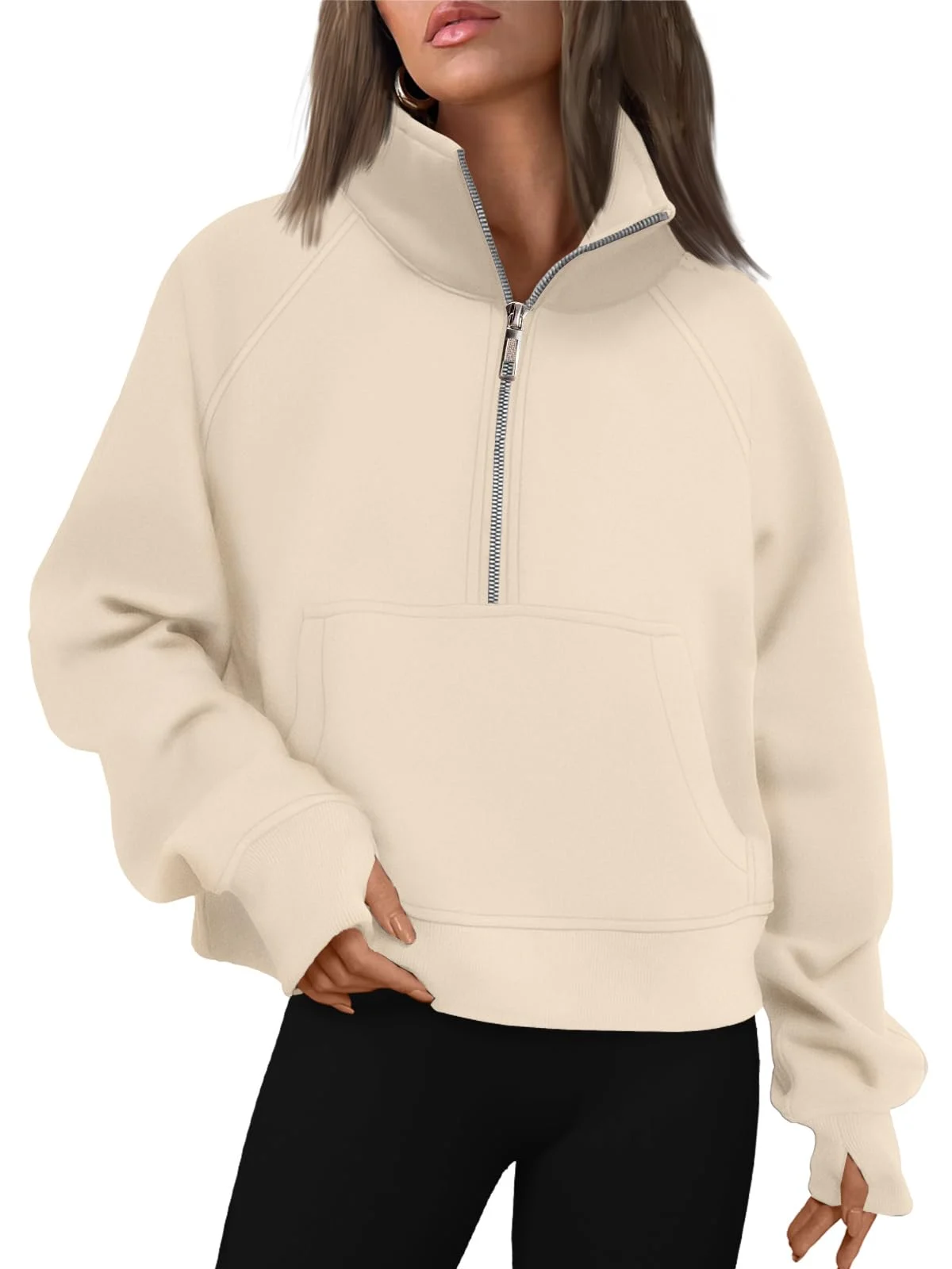 Womens Sweatshirts Half Zip Cropped Pullover Fleece Outfits Clothes - Apricot