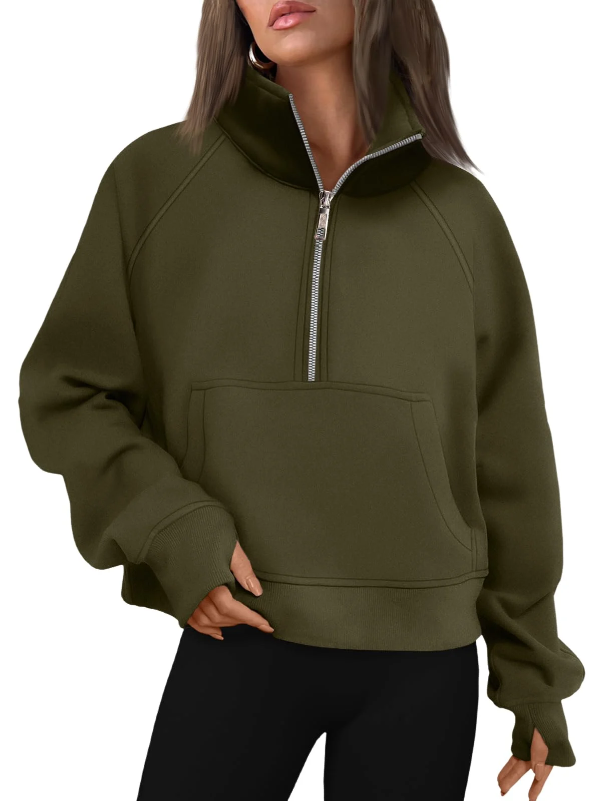 Womens Sweatshirts Half Zip Cropped Pullover Fleece Outfits Clothes - Armygreen