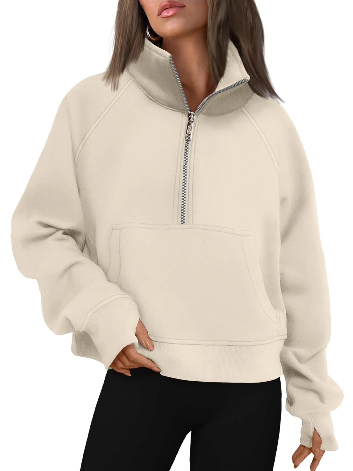 Womens Sweatshirts Half Zip Cropped Pullover Fleece Outfits Clothes - Beige