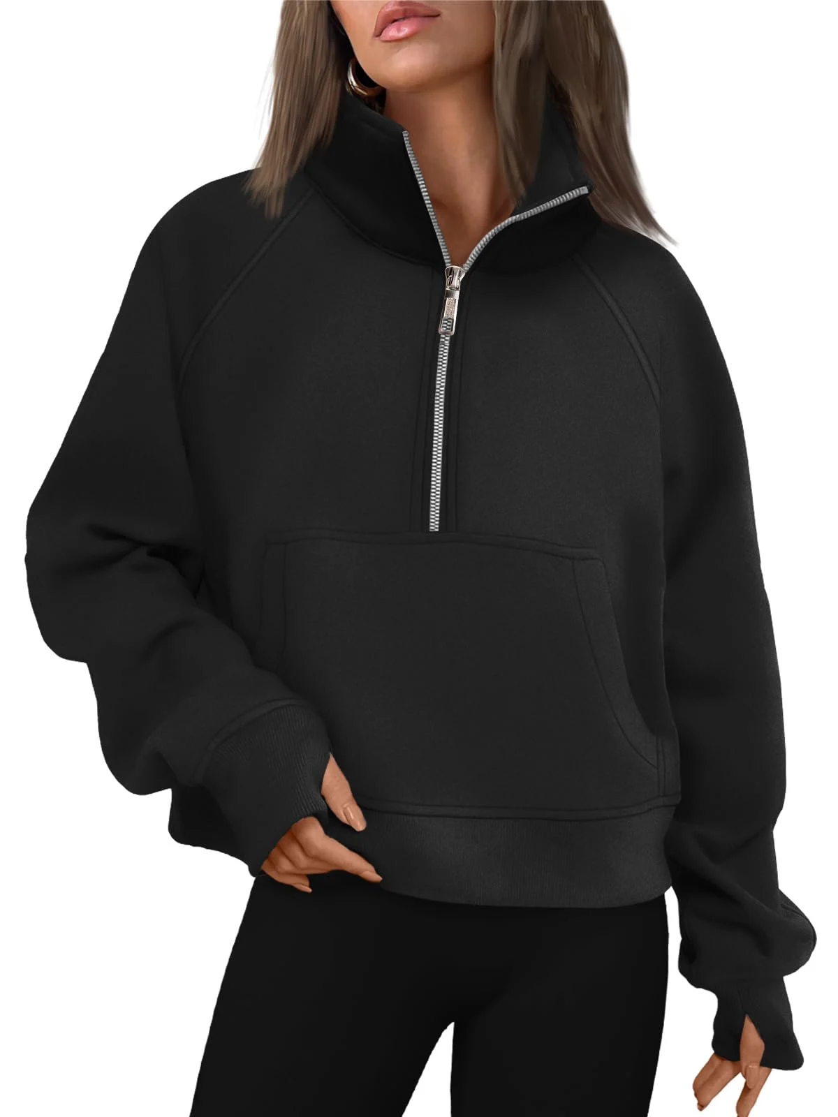 Womens Sweatshirts Half Zip Cropped Pullover Fleece Outfits Clothes - Black