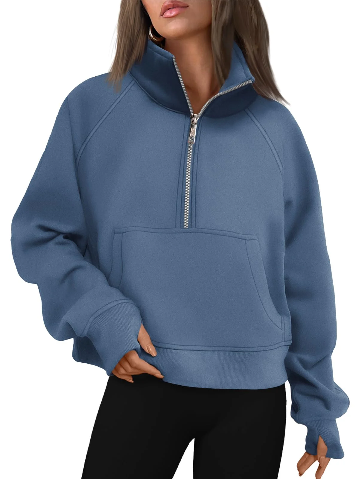 Womens Sweatshirts Half Zip Cropped Pullover Fleece Outfits Clothes - Blue