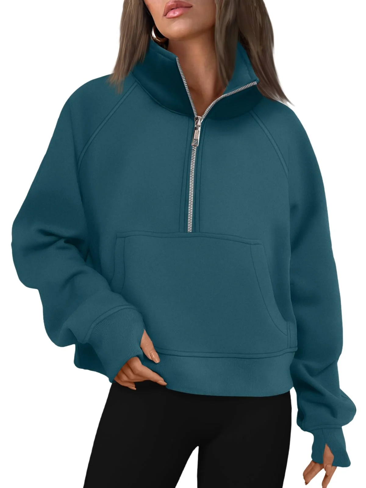 Womens Sweatshirts Half Zip Cropped Pullover Fleece Outfits Clothes - Bluegreen
