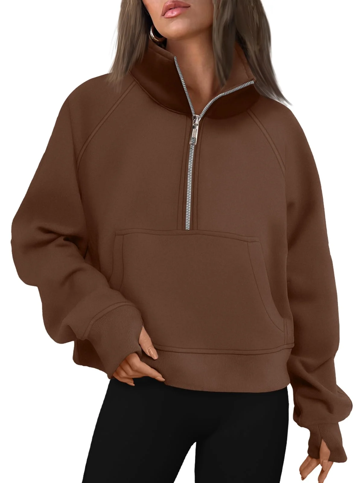 Womens Sweatshirts Half Zip Cropped Pullover Fleece Outfits Clothes - Brown