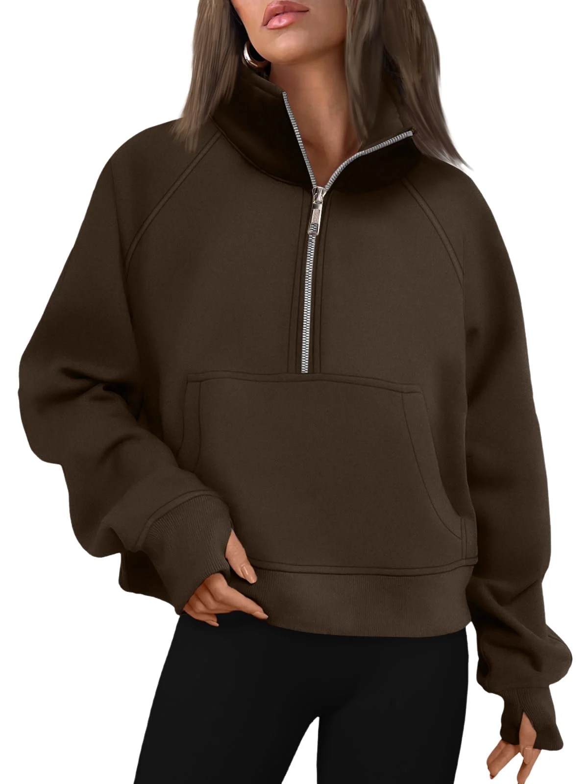 Womens Sweatshirts Half Zip Cropped Pullover Fleece Outfits Clothes - Coffee