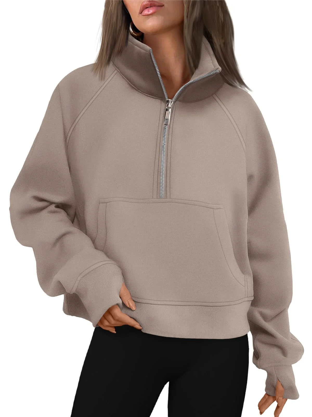 Womens Sweatshirts Half Zip Cropped Pullover Fleece Outfits Clothes - Coffeegrey