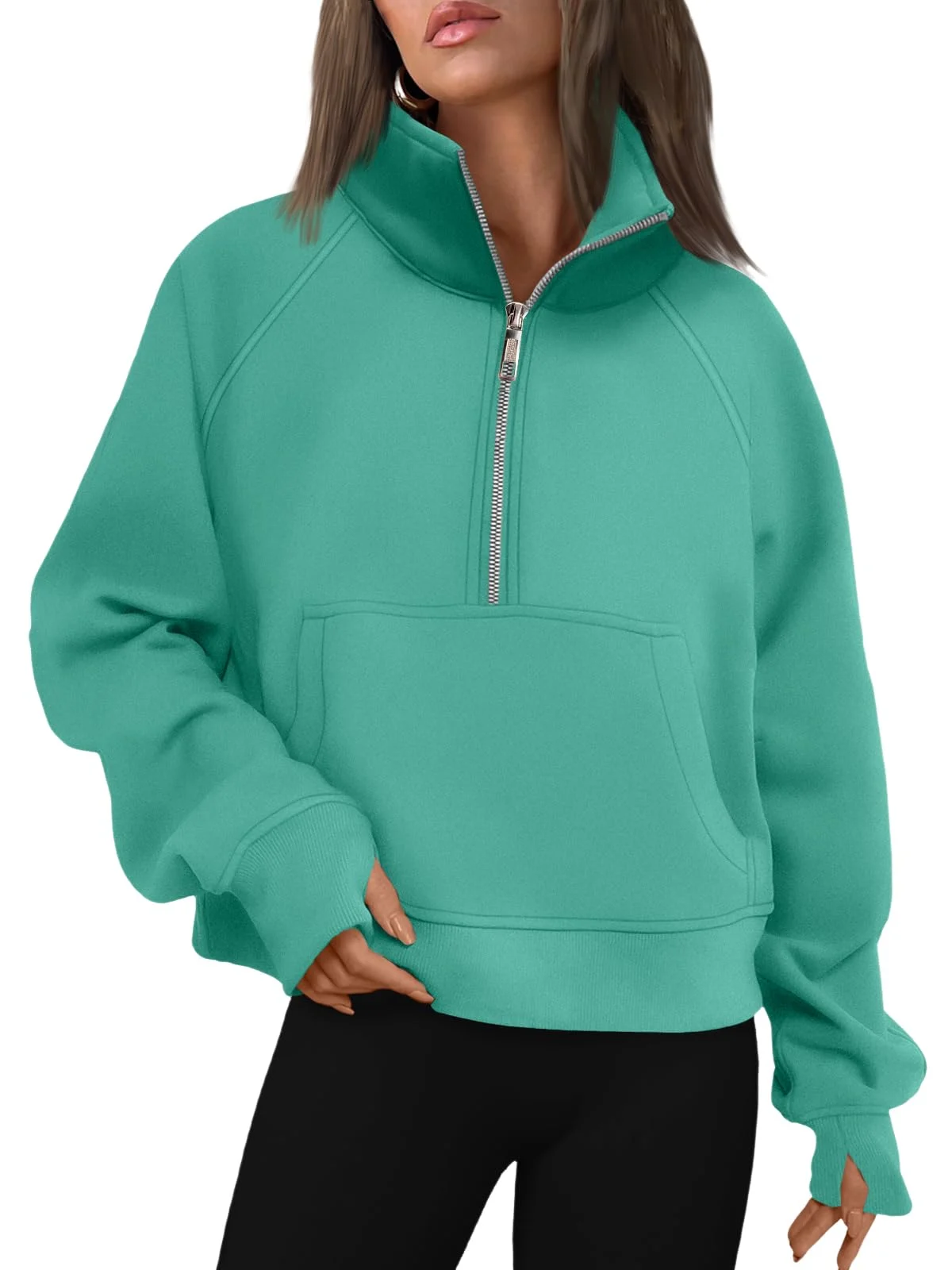 Womens Sweatshirts Half Zip Cropped Pullover Fleece Outfits Clothes - Cyan