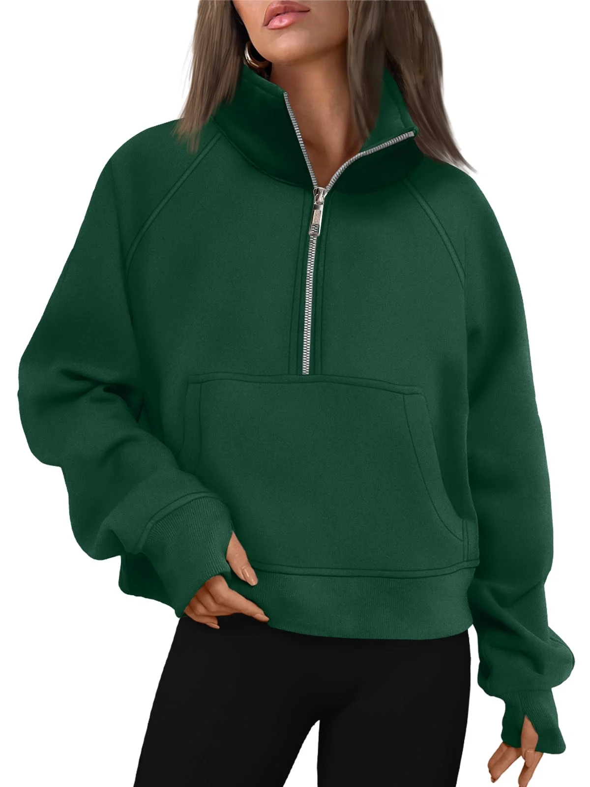Womens Sweatshirts Half Zip Cropped Pullover Fleece Outfits Clothes - Dark Green