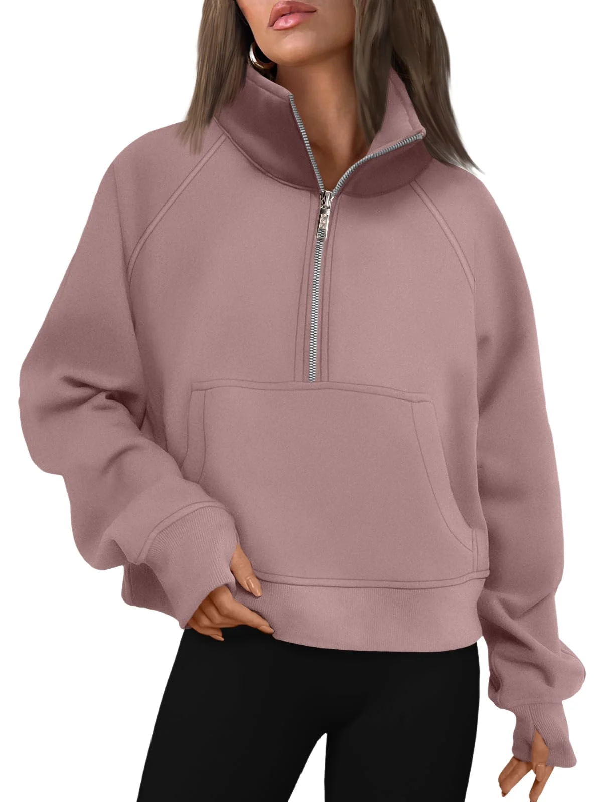 Womens Sweatshirts Half Zip Cropped Pullover Fleece Outfits Clothes - Darkpink