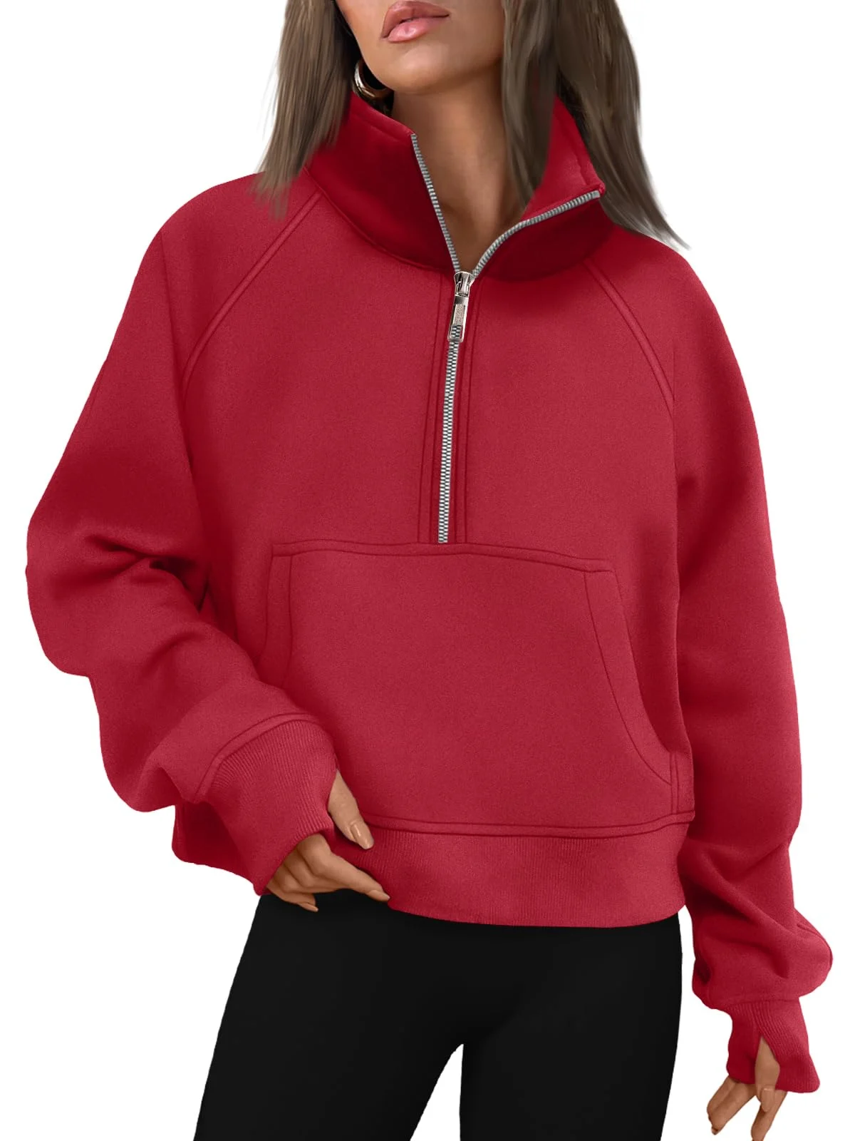 Womens Sweatshirts Half Zip Cropped Pullover Fleece Outfits Clothes - Fiery Red