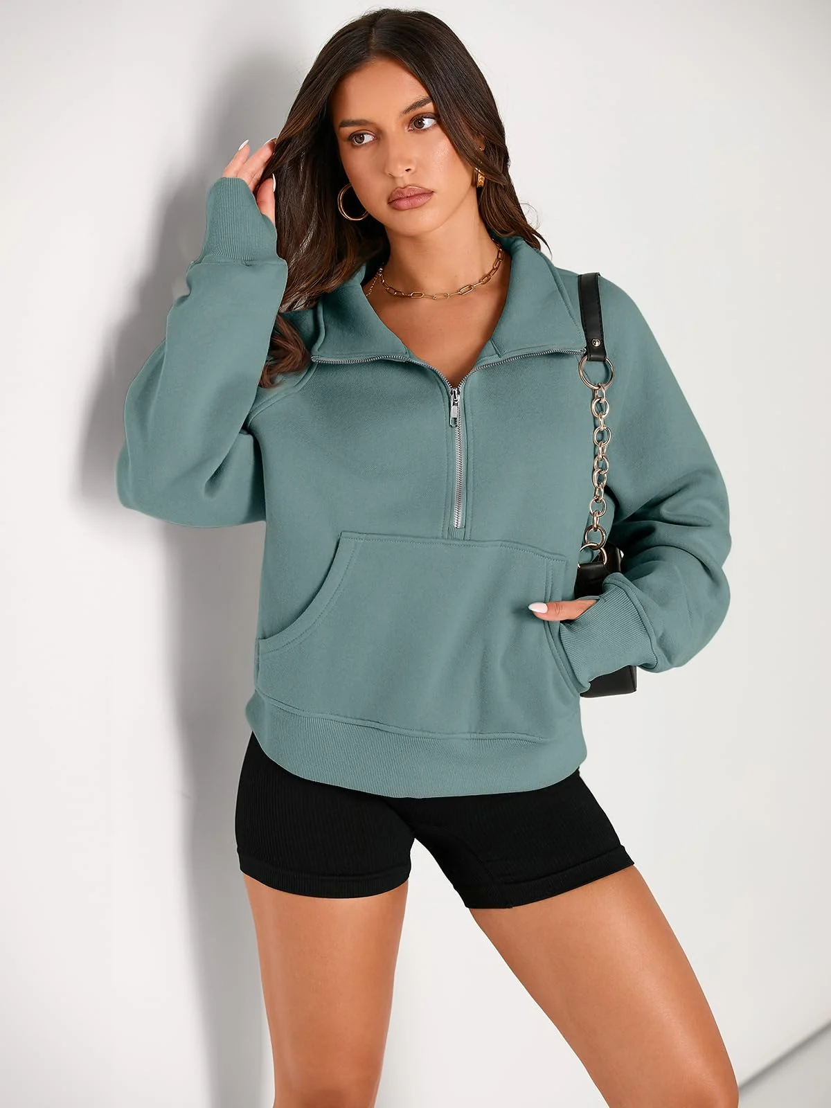 Womens Sweatshirts Half Zip Cropped Pullover Fleece Outfits Clothes - Green Womens Sweatshirts Half Zip Cropped Pullover Fleece Outfits Clothes - Green