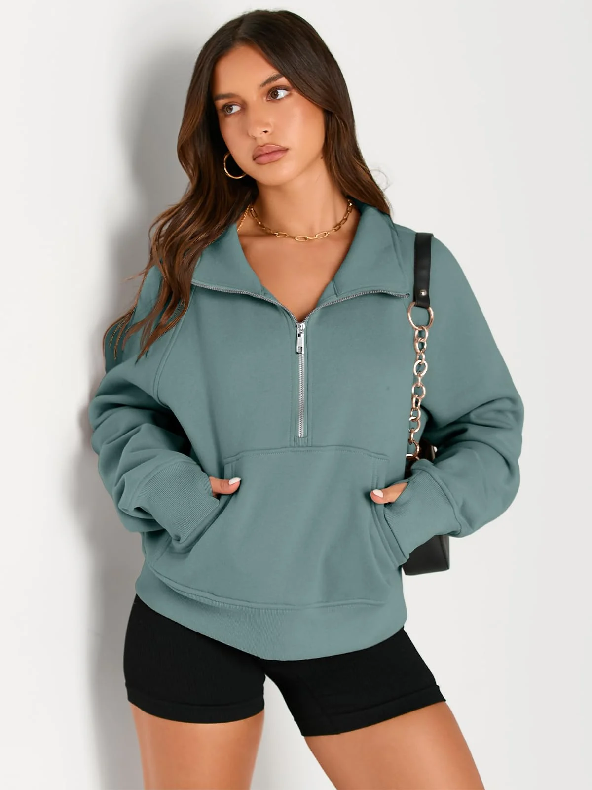 Womens Sweatshirts Half Zip Cropped Pullover Fleece Outfits Clothes - Green Womens Sweatshirts Half Zip Cropped Pullover Fleece Outfits Clothes - Green