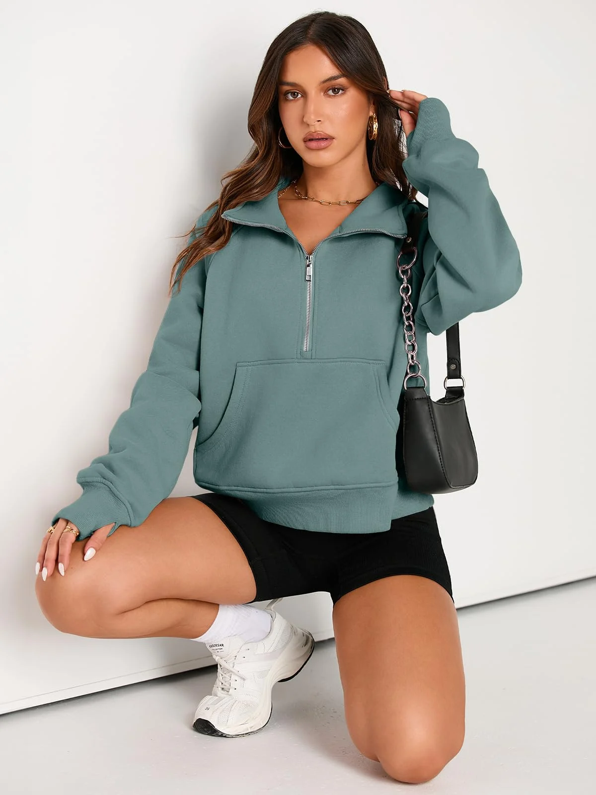 Womens Sweatshirts Half Zip Cropped Pullover Fleece Outfits Clothes - Green Womens Sweatshirts Half Zip Cropped Pullover Fleece Outfits Clothes - Green