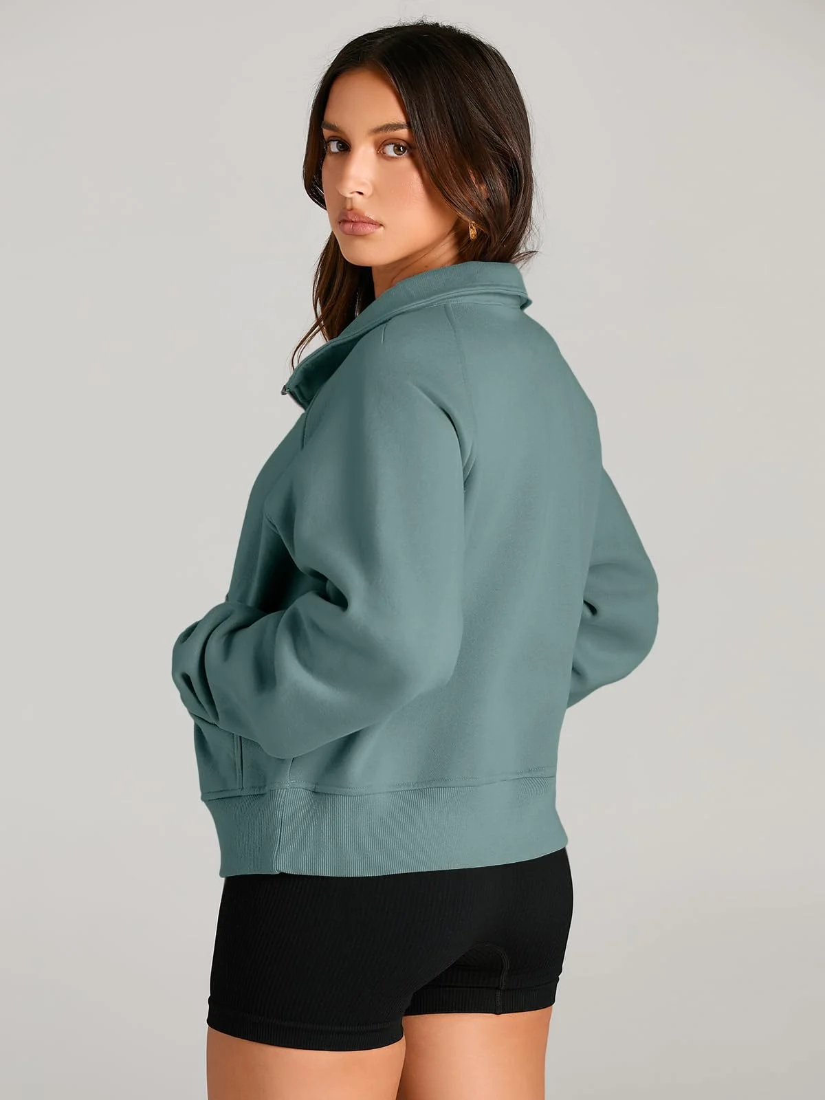 Womens Sweatshirts Half Zip Cropped Pullover Fleece Outfits Clothes - Green Womens Sweatshirts Half Zip Cropped Pullover Fleece Outfits Clothes - Green