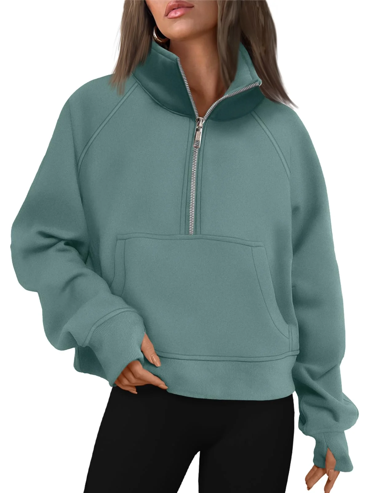 Womens Sweatshirts Half Zip Cropped Pullover Fleece Outfits Clothes - Green