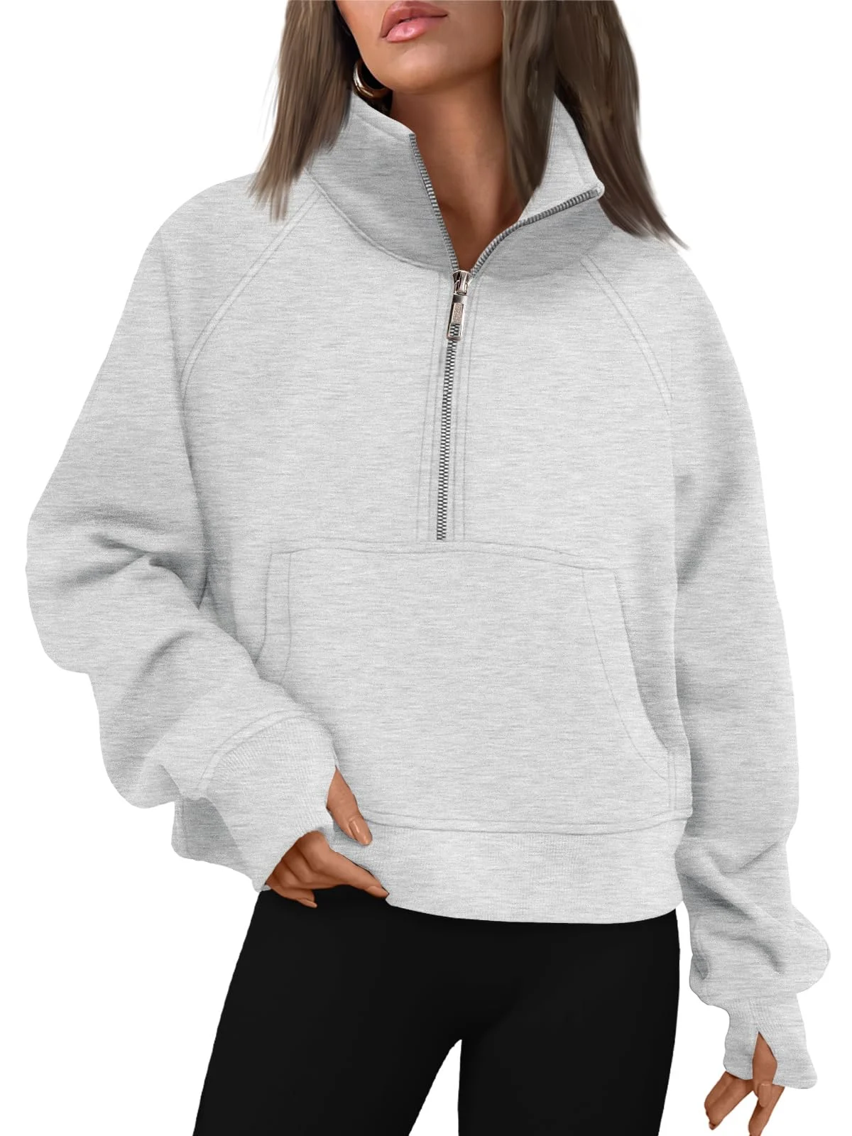 Womens Sweatshirts Half Zip Cropped Pullover Fleece Outfits Clothes - Grey