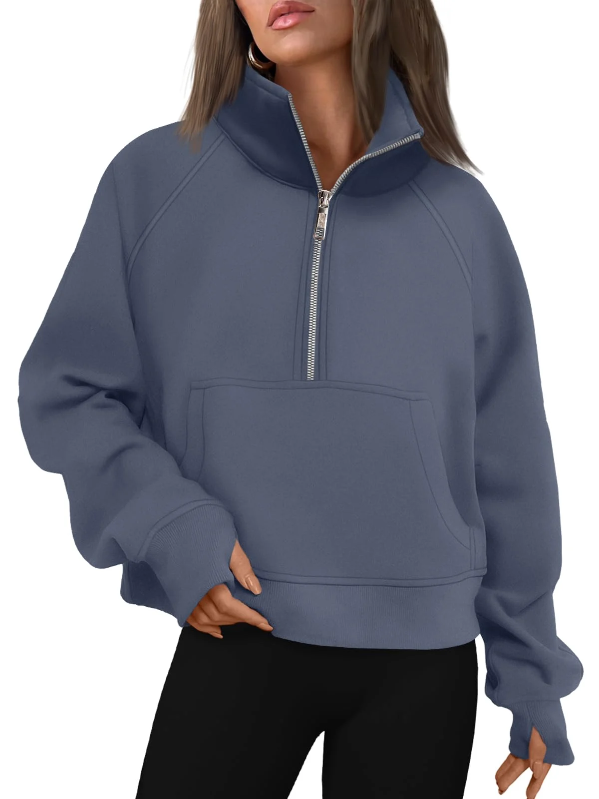 Womens Sweatshirts Half Zip Cropped Pullover Fleece Outfits Clothes - Greyblue