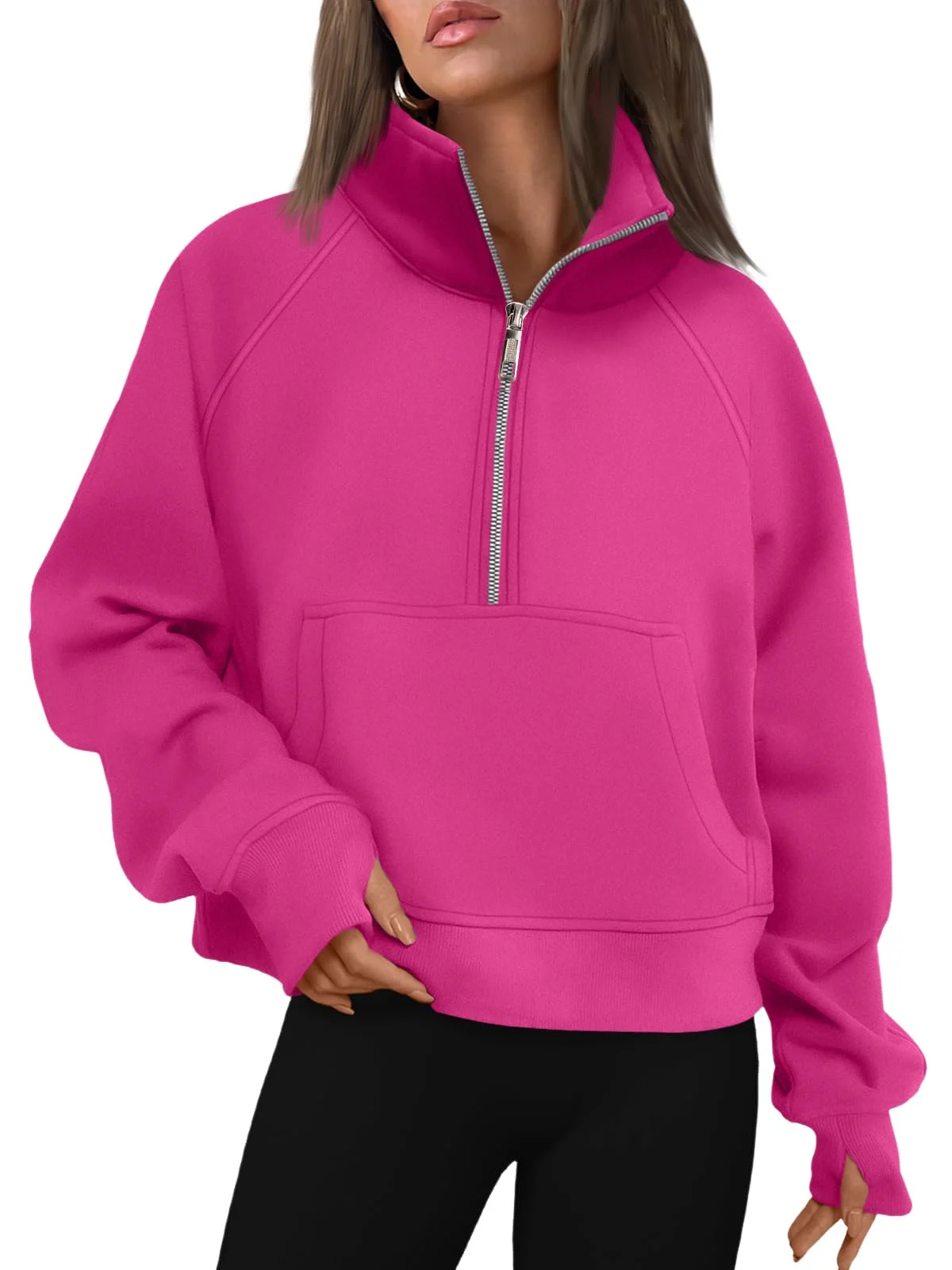 Womens Sweatshirts Half Zip Cropped Pullover Fleece Outfits Clothes - Hotpink