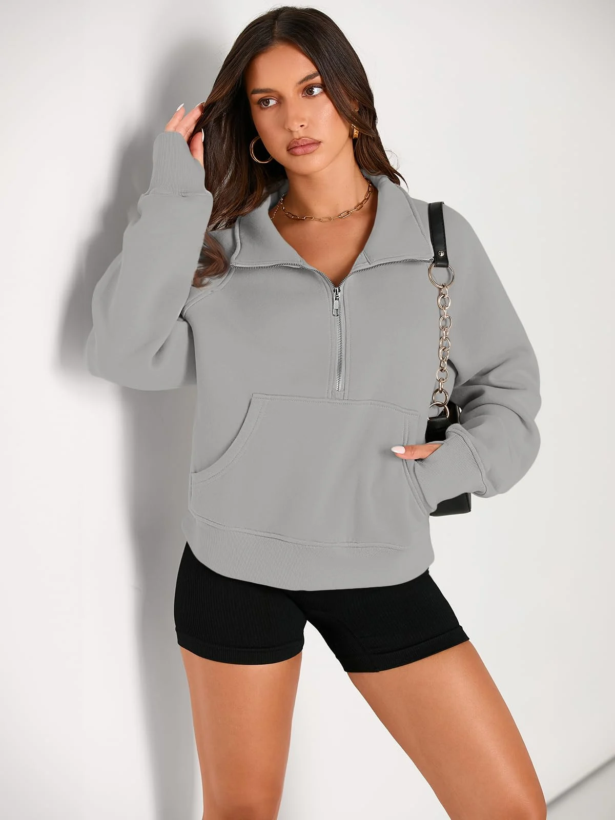 Womens Sweatshirts Half Zip Cropped Pullover Fleece Outfits Clothes - Light Grey Womens Sweatshirts Half Zip Cropped Pullover Fleece Outfits Clothes - Light Grey