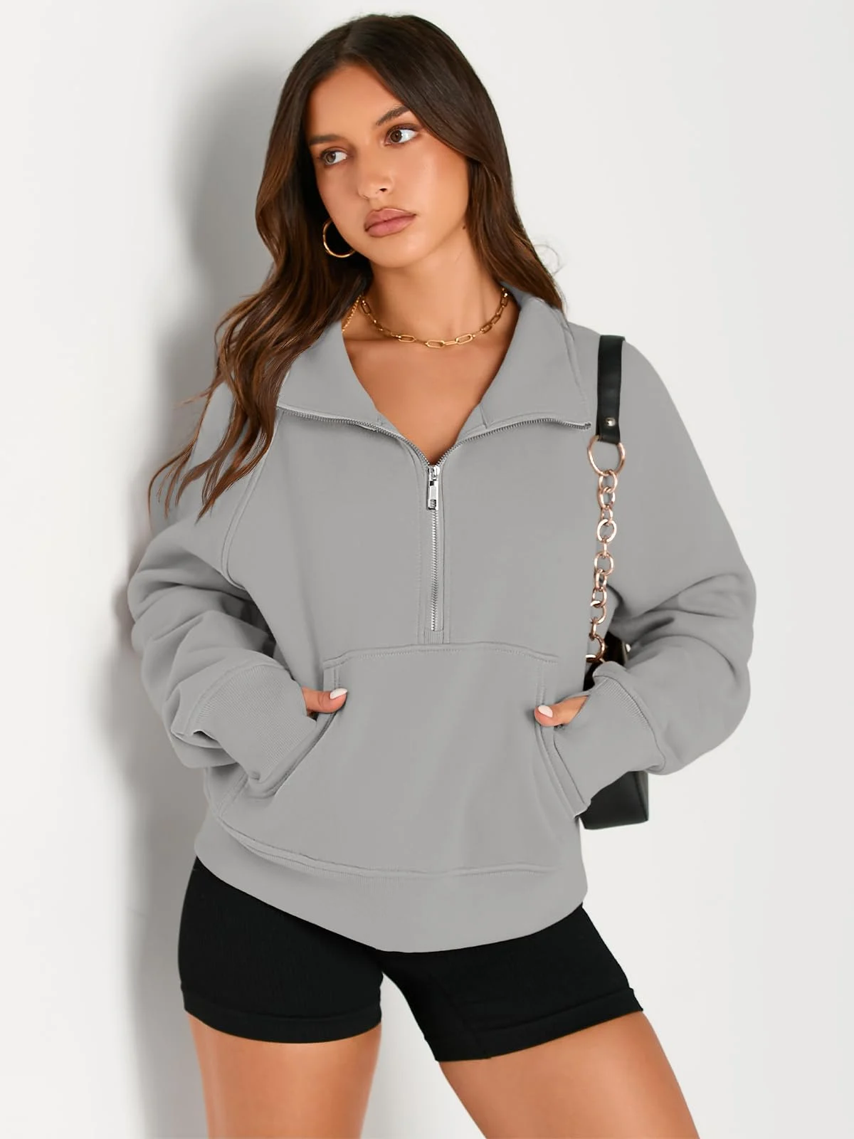 Womens Sweatshirts Half Zip Cropped Pullover Fleece Outfits Clothes - Light Grey Womens Sweatshirts Half Zip Cropped Pullover Fleece Outfits Clothes - Light Grey