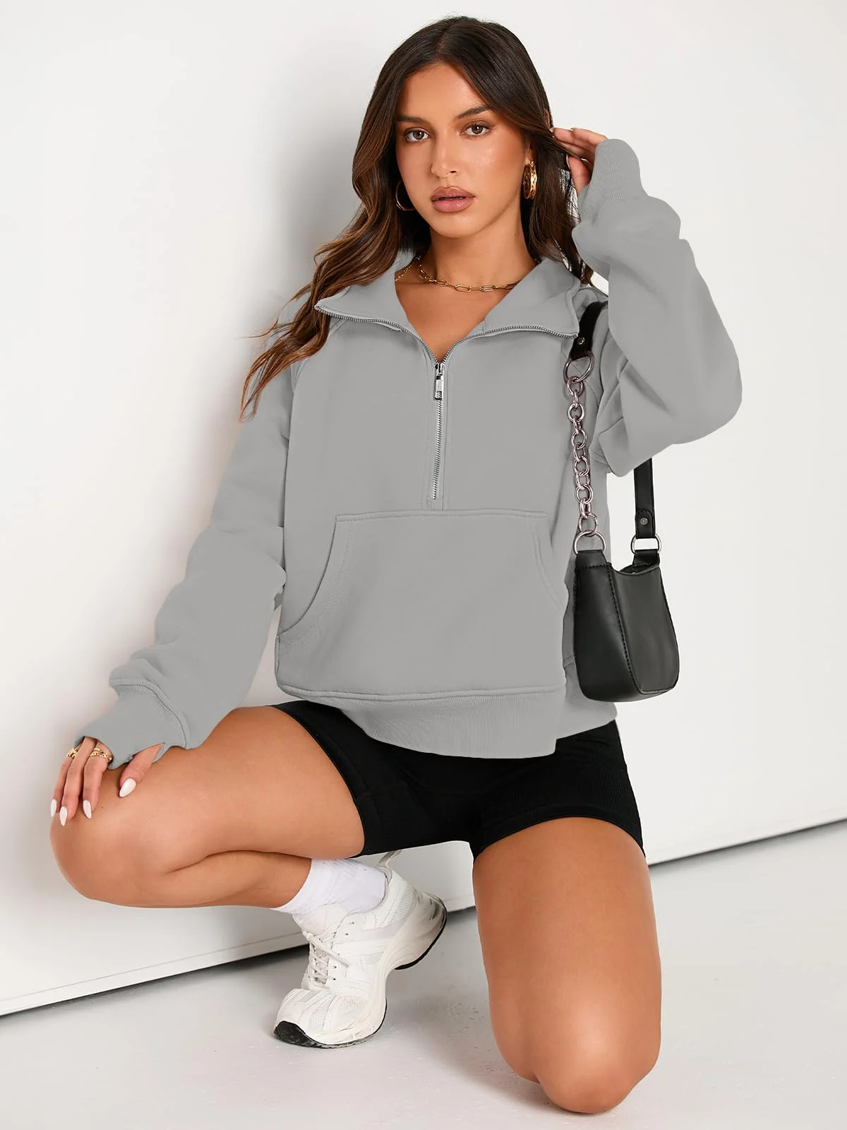 Womens Sweatshirts Half Zip Cropped Pullover Fleece Outfits Clothes - Light Grey Womens Sweatshirts Half Zip Cropped Pullover Fleece Outfits Clothes - Light Grey