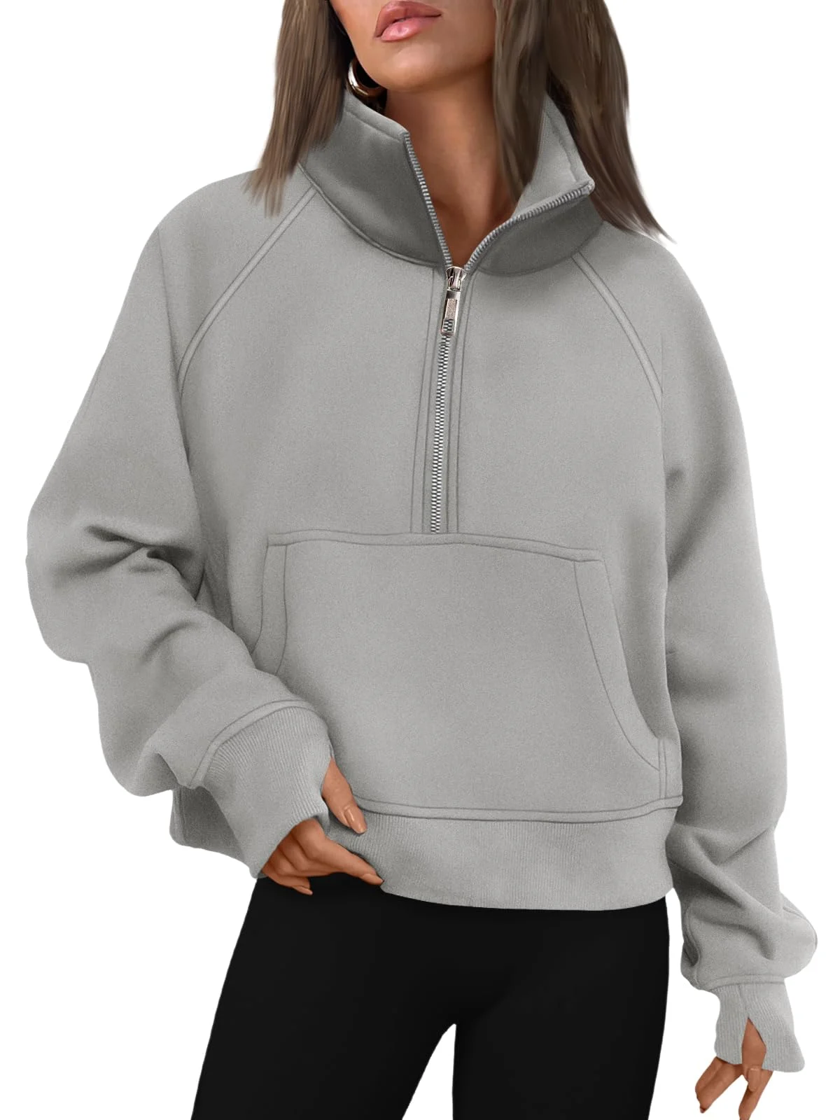 Womens Sweatshirts Half Zip Cropped Pullover Fleece Outfits Clothes - Light Grey