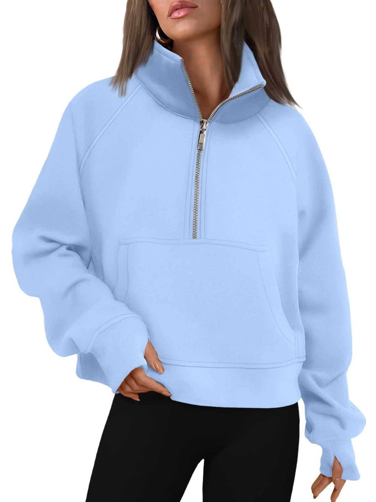 Womens Sweatshirts Half Zip Cropped Pullover Fleece Outfits Clothes - Lightblue