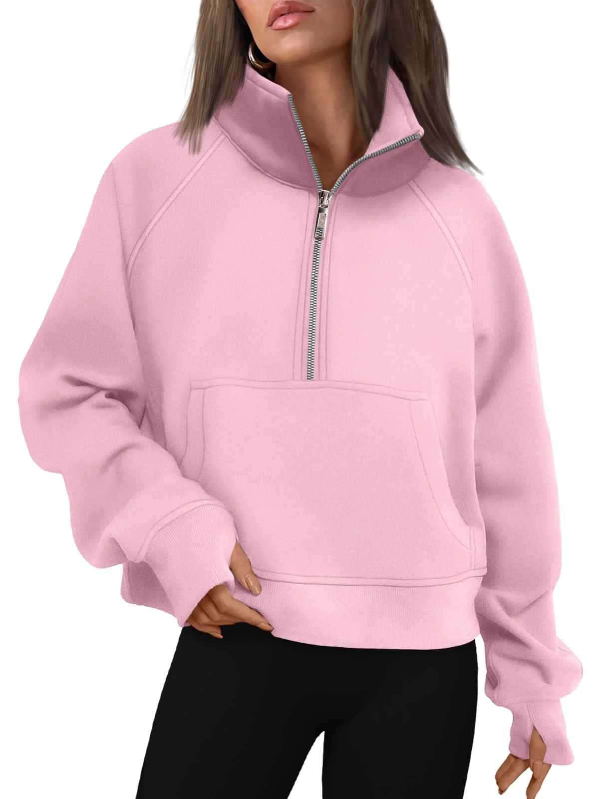 Womens Sweatshirts Half Zip Cropped Pullover Fleece Outfits Clothes - Lightpink