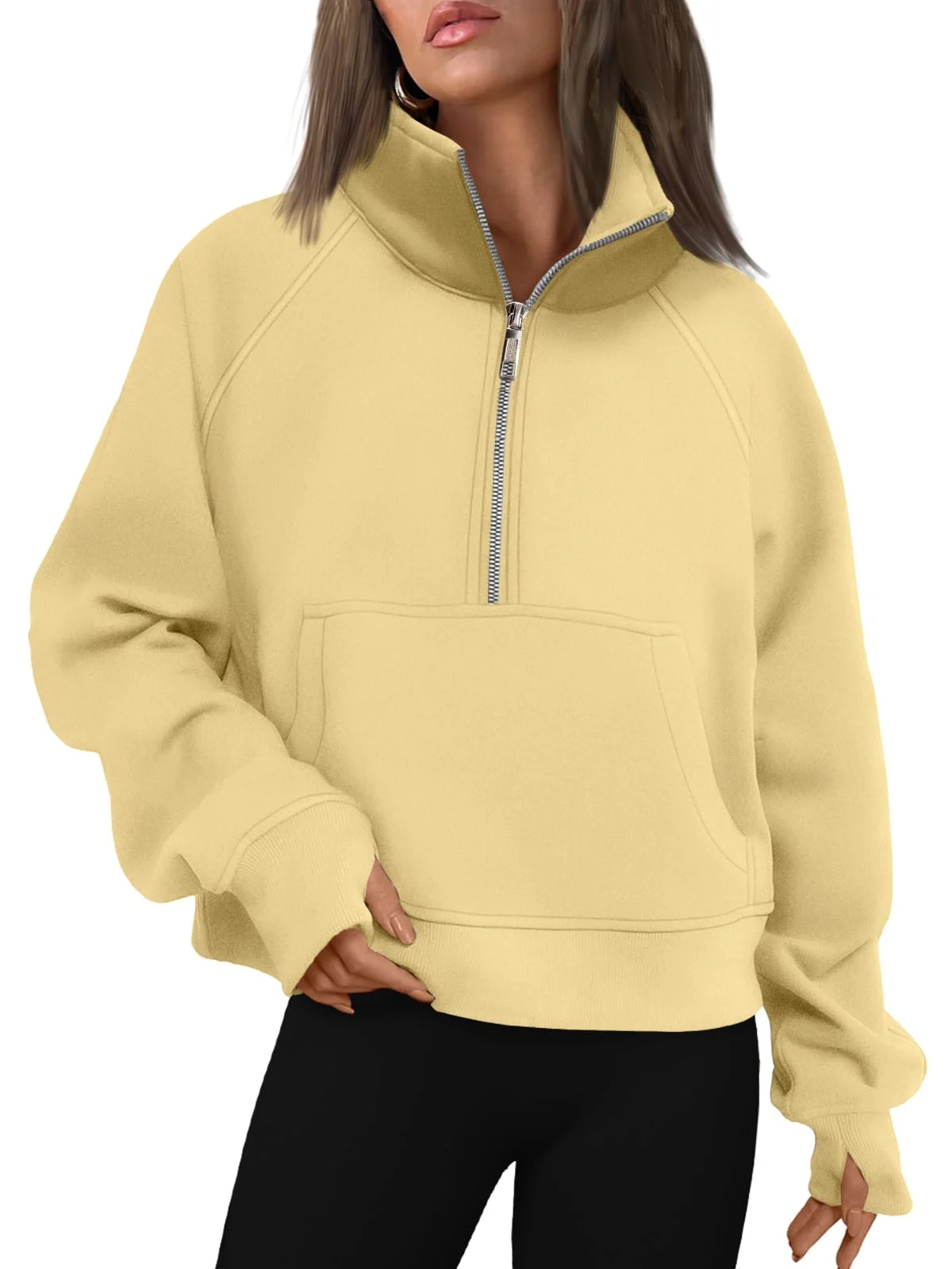Womens Sweatshirts Half Zip Cropped Pullover Fleece Outfits Clothes - Lightyellow