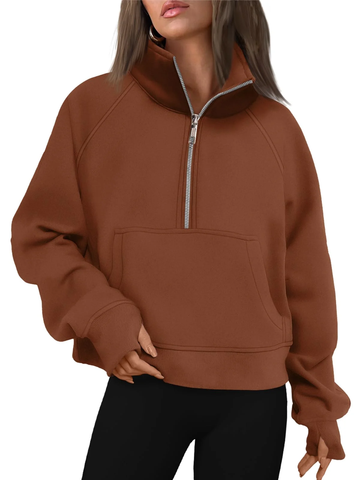 Womens Sweatshirts Half Zip Cropped Pullover Fleece Outfits Clothes - Maple