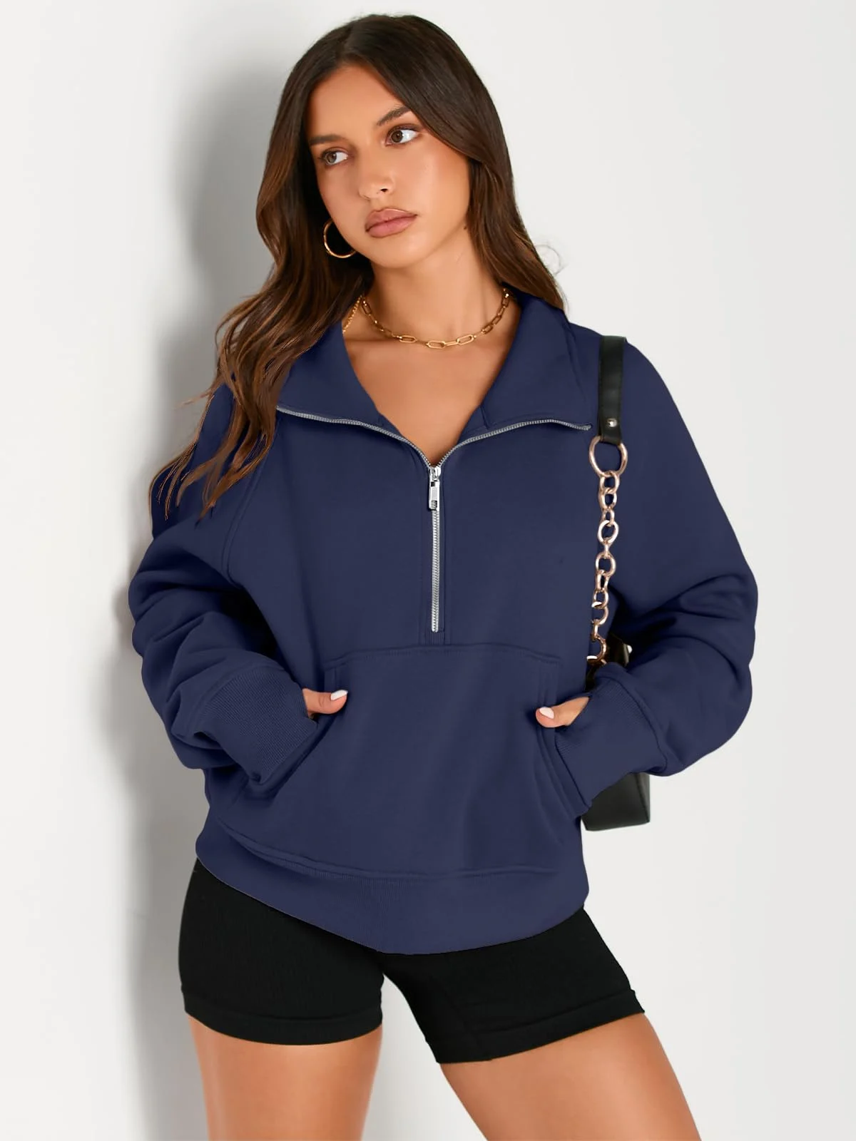 Womens Sweatshirts Half Zip Cropped Pullover Fleece Outfits Clothes - Navyblue Womens Sweatshirts Half Zip Cropped Pullover Fleece Outfits Clothes - Navyblue