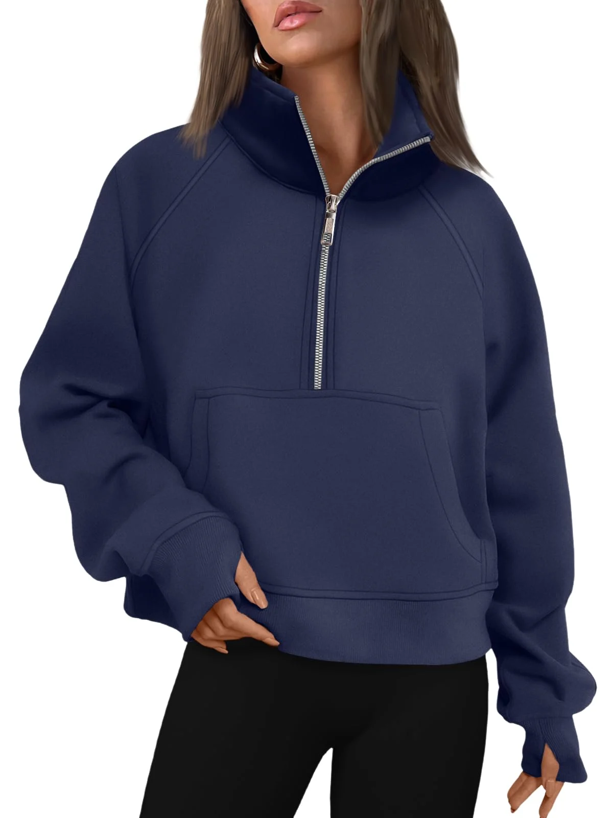Womens Sweatshirts Half Zip Cropped Pullover Fleece Outfits Clothes - Navyblue