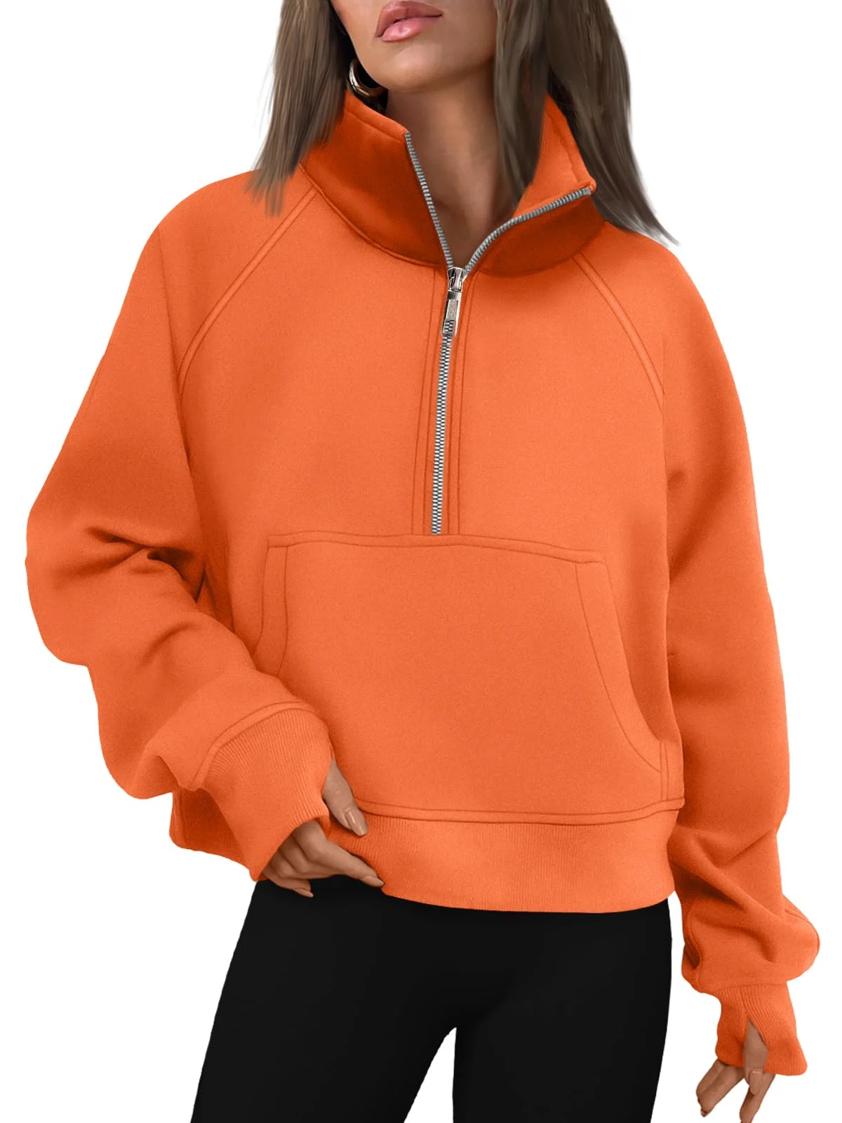 Womens Sweatshirts Half Zip Cropped Pullover Fleece Outfits Clothes - Orange