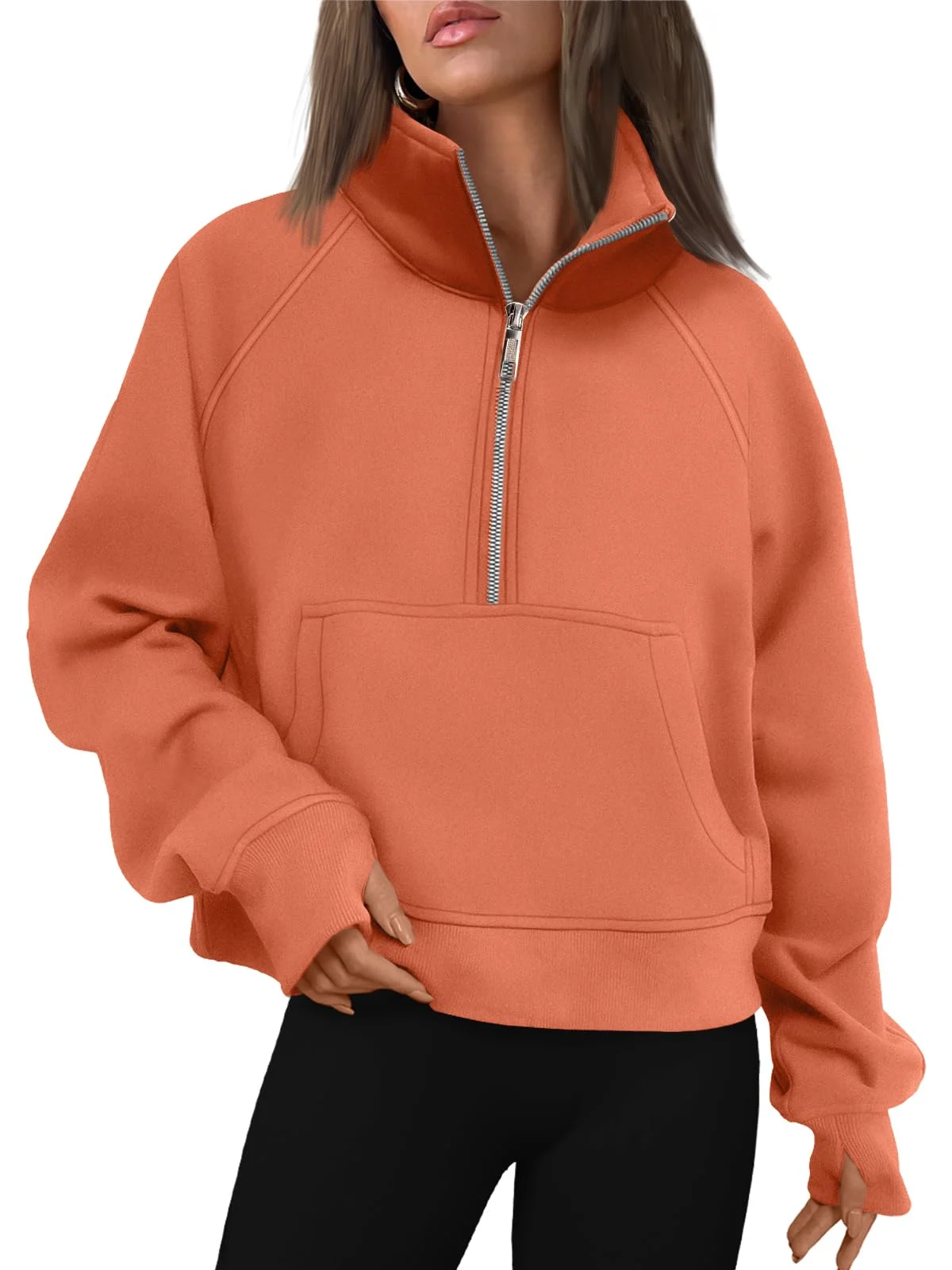 Womens Sweatshirts Half Zip Cropped Pullover Fleece Outfits Clothes - Orangepink