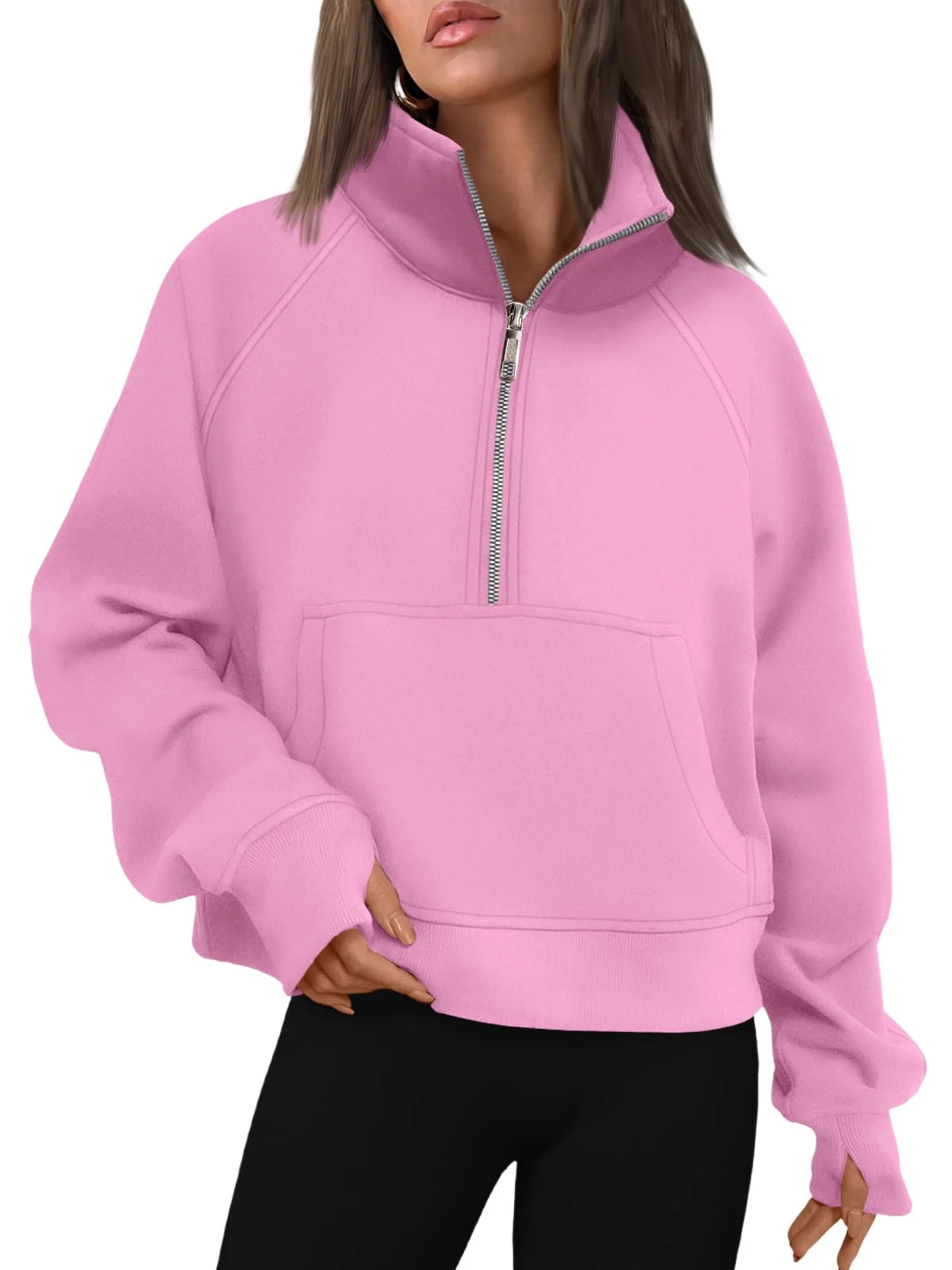 Womens Sweatshirts Half Zip Cropped Pullover Fleece Outfits Clothes - Pink