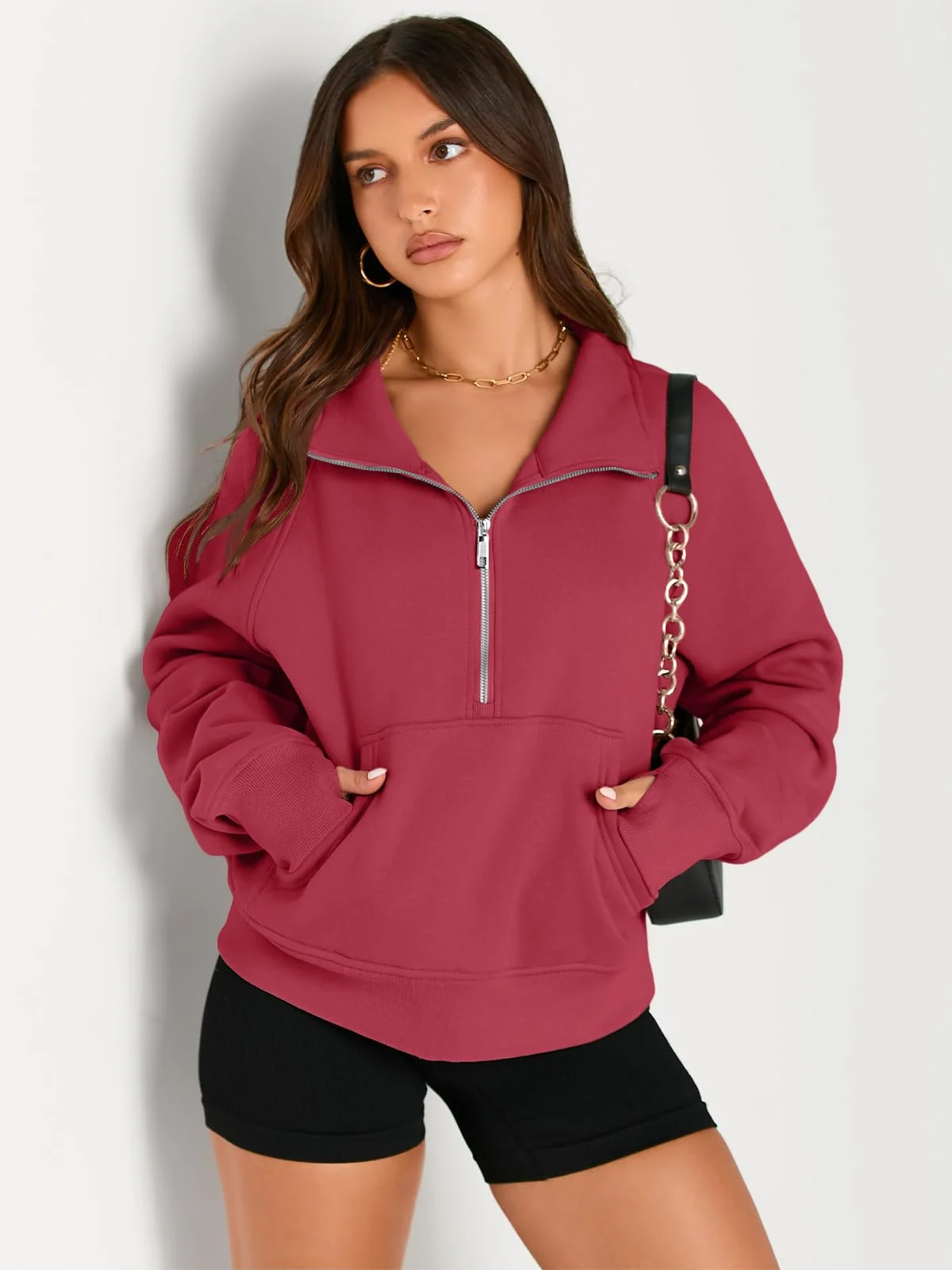 Womens Sweatshirts Half Zip Cropped Pullover Fleece Outfits Clothes - Red Womens Sweatshirts Half Zip Cropped Pullover Fleece Outfits Clothes - Red