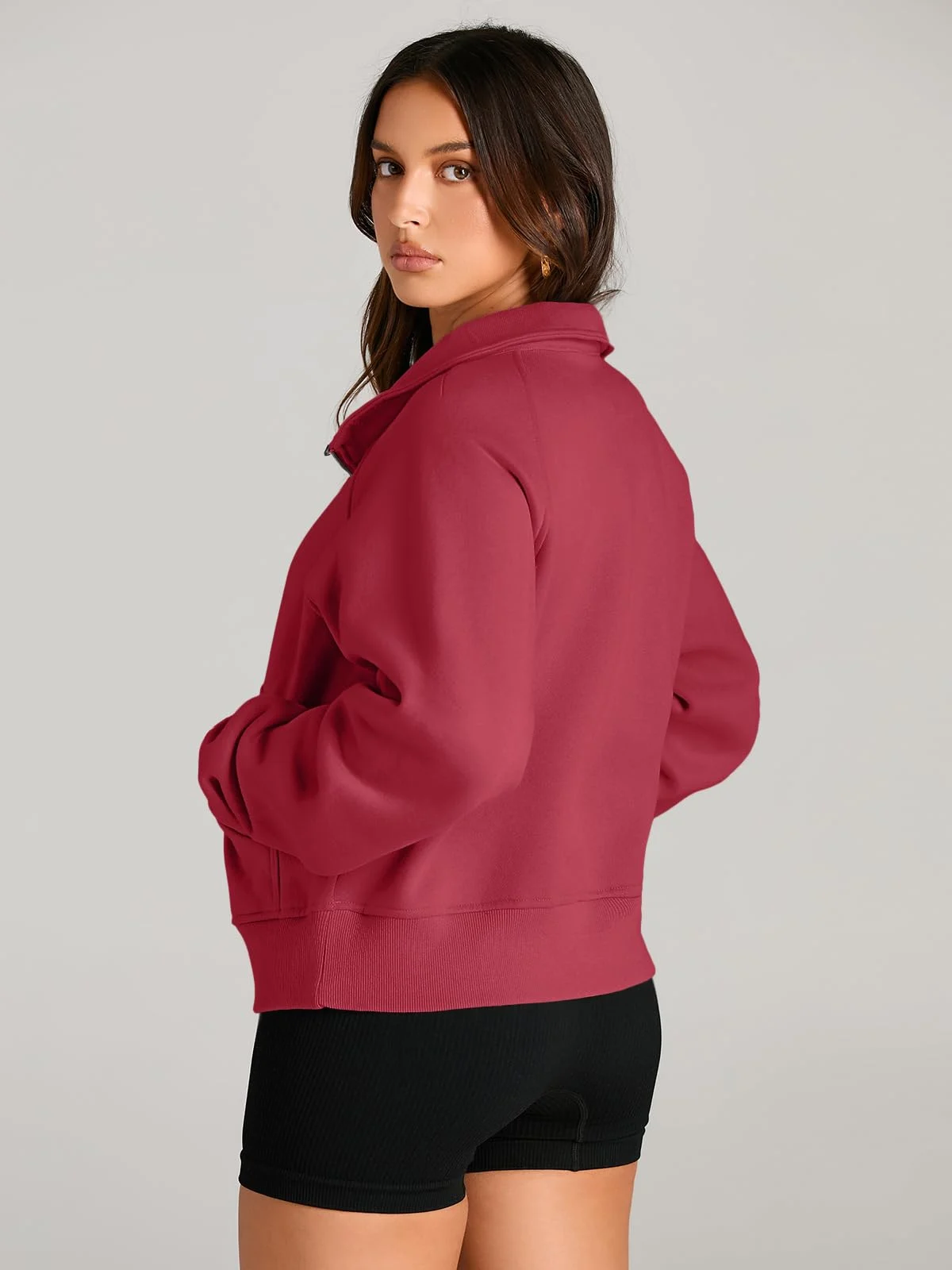 Womens Sweatshirts Half Zip Cropped Pullover Fleece Outfits Clothes - Red Womens Sweatshirts Half Zip Cropped Pullover Fleece Outfits Clothes - Red