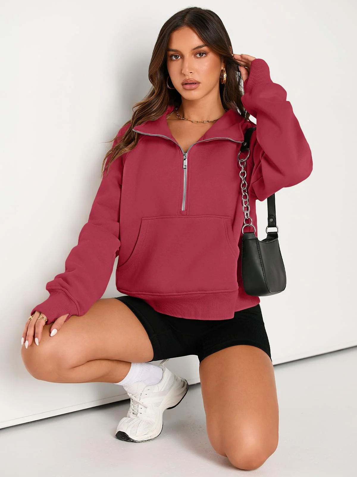 Womens Sweatshirts Half Zip Cropped Pullover Fleece Outfits Clothes - Red Womens Sweatshirts Half Zip Cropped Pullover Fleece Outfits Clothes - Red