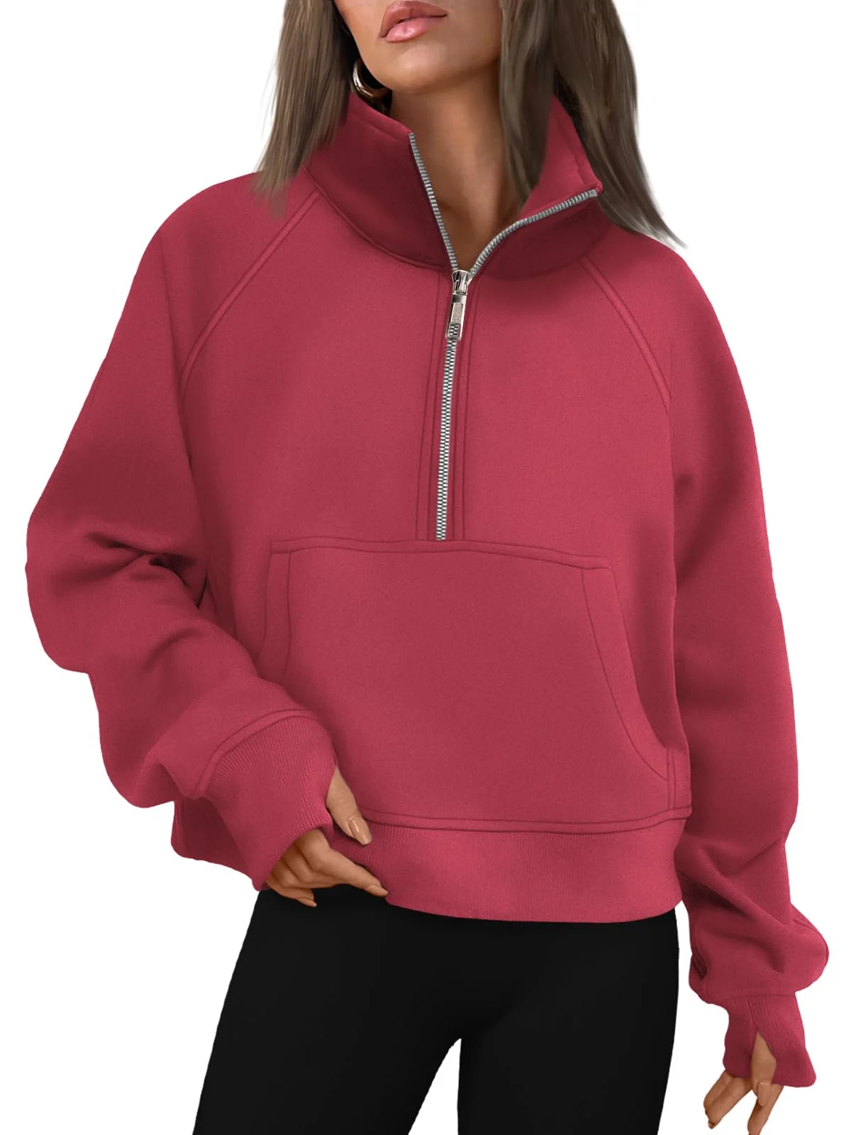 Womens Sweatshirts Half Zip Cropped Pullover Fleece Outfits Clothes - Red