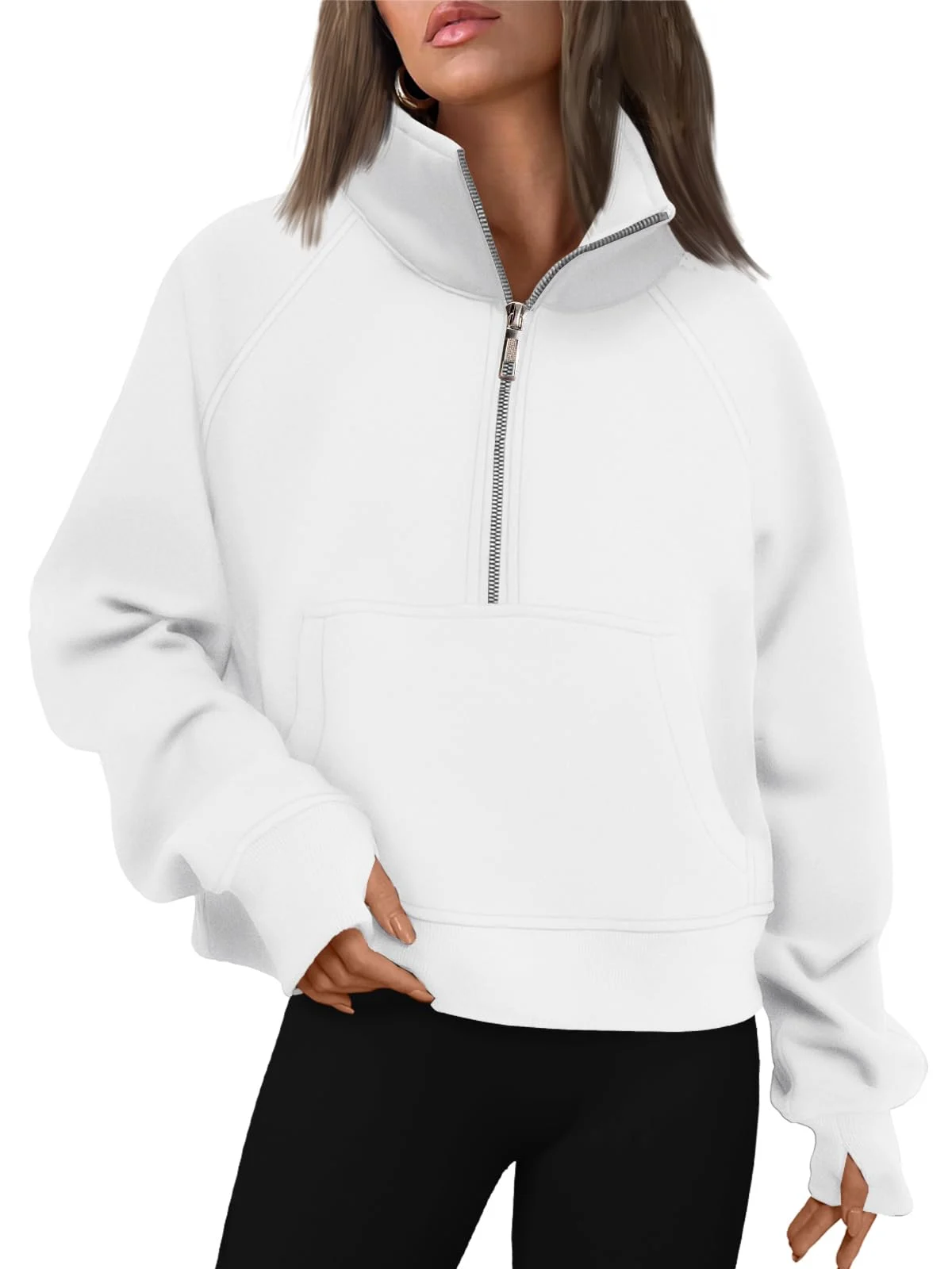 Womens Sweatshirts Half Zip Cropped Pullover Fleece Outfits Clothes - White